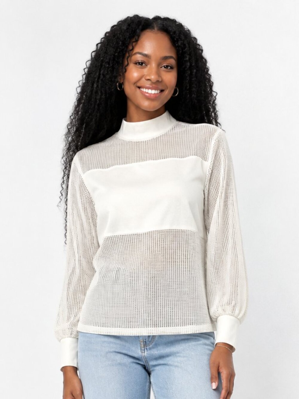 NWT Nordstrom Poof White long-Sleeve Sheer Mesh see through top small
